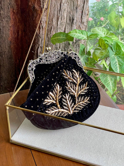 Black Shade Velvet Ari Mukaish Zardosi Sling Clutch Bag