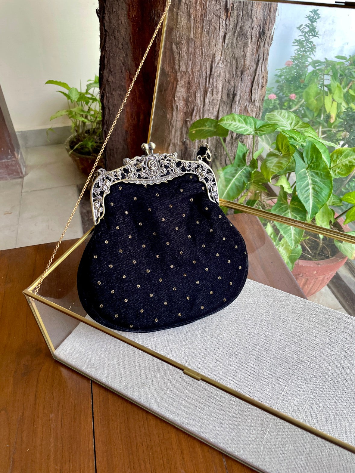 Black Shade Velvet Ari Mukaish Zardosi Sling Clutch Bag