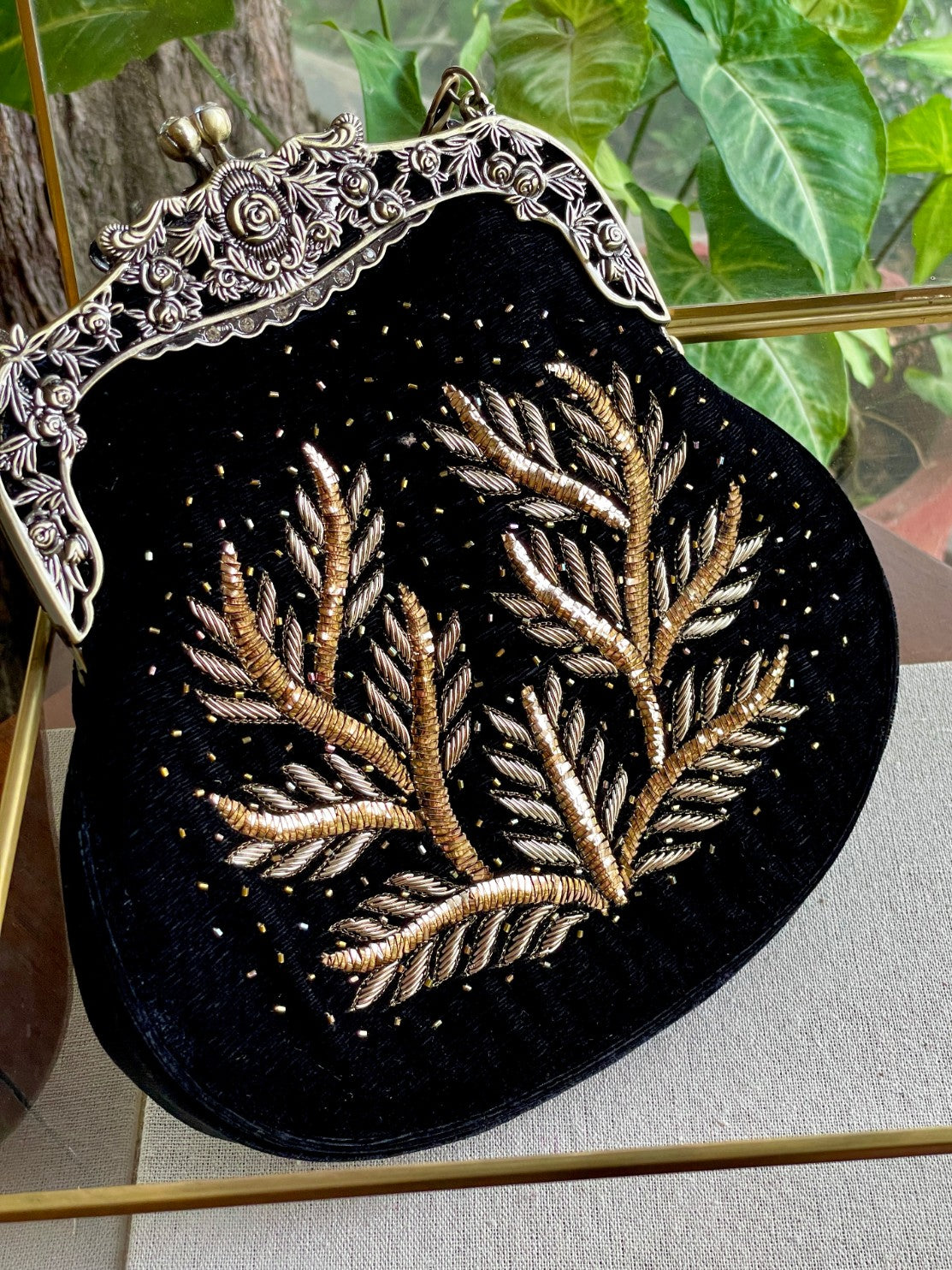 Black Shade Velvet Ari Mukaish Zardosi Sling Clutch Bag