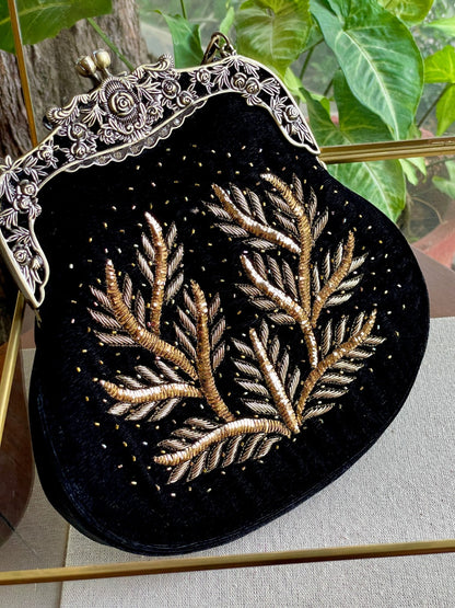 Black Shade Velvet Ari Mukaish Zardosi Sling Clutch Bag