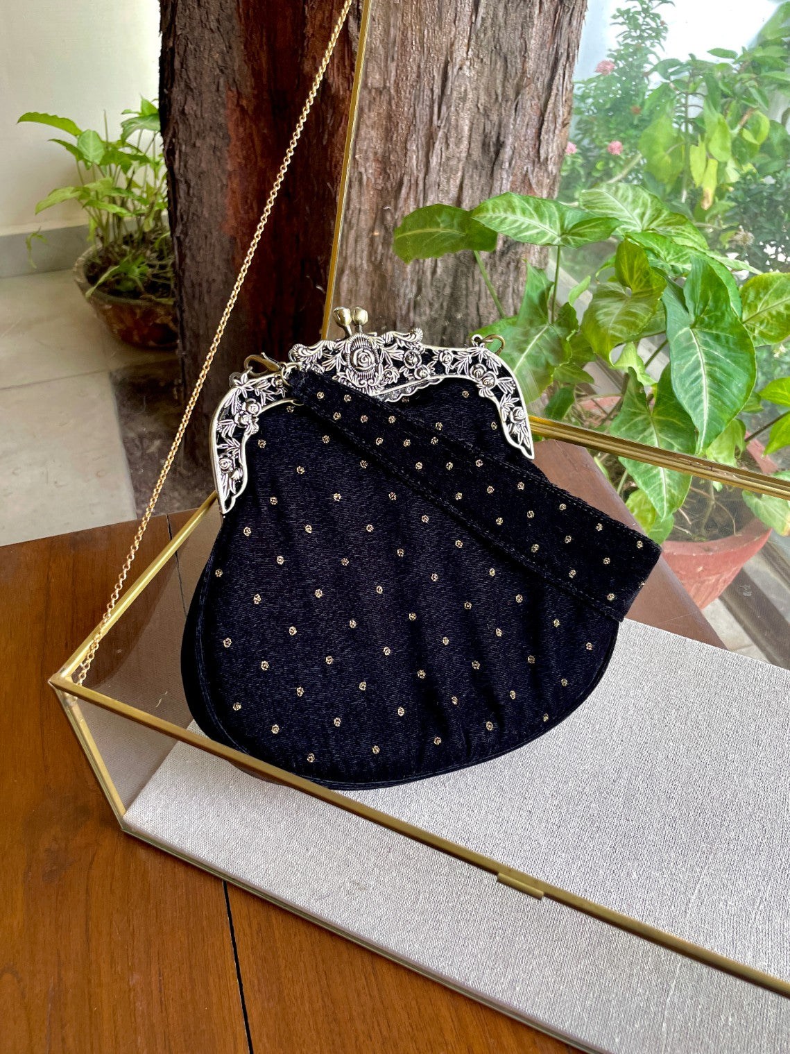 Black Shade Velvet Ari Mukaish Zardosi Sling Clutch Bag