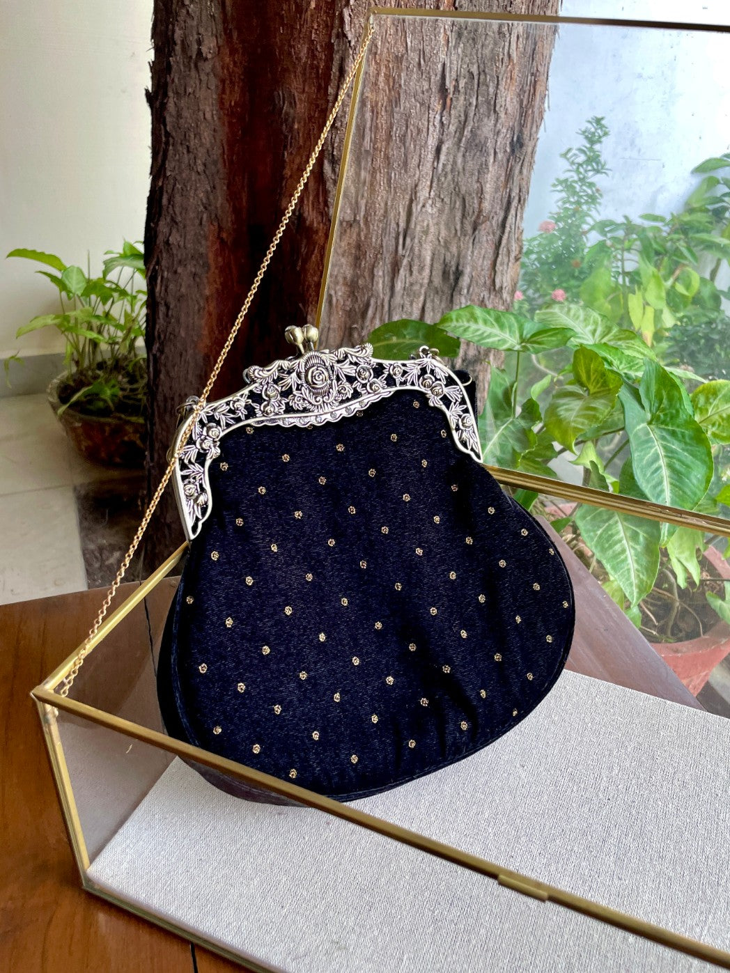 Black Shade Velvet Ari Mukaish Zardosi Sling Clutch Bag