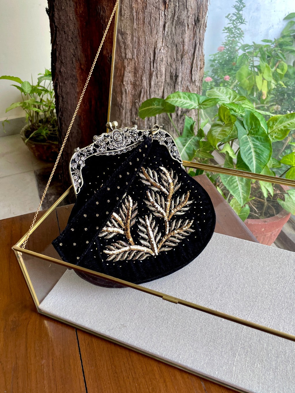 Black Shade Velvet Ari Mukaish Zardosi Sling Clutch Bag