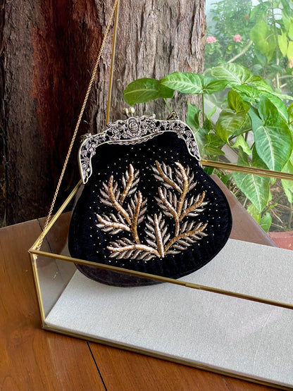 Black Shade Velvet Ari Mukaish Zardosi Sling Clutch Bag