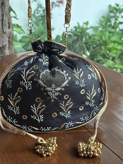 Black Silk Chikankari Ari & Kasab Work Potli Bag