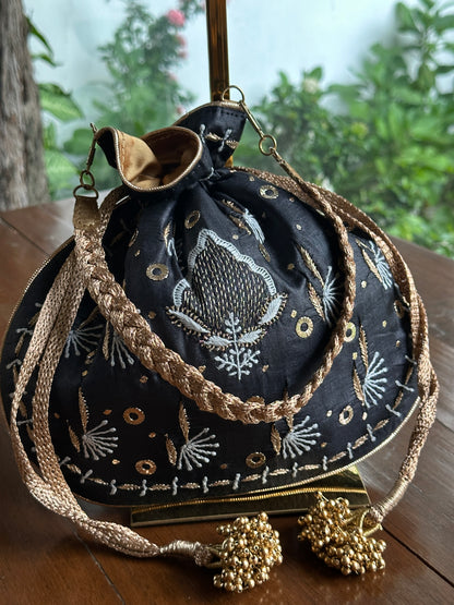 Black Silk Chikankari Ari & Kasab Work Potli Bag
