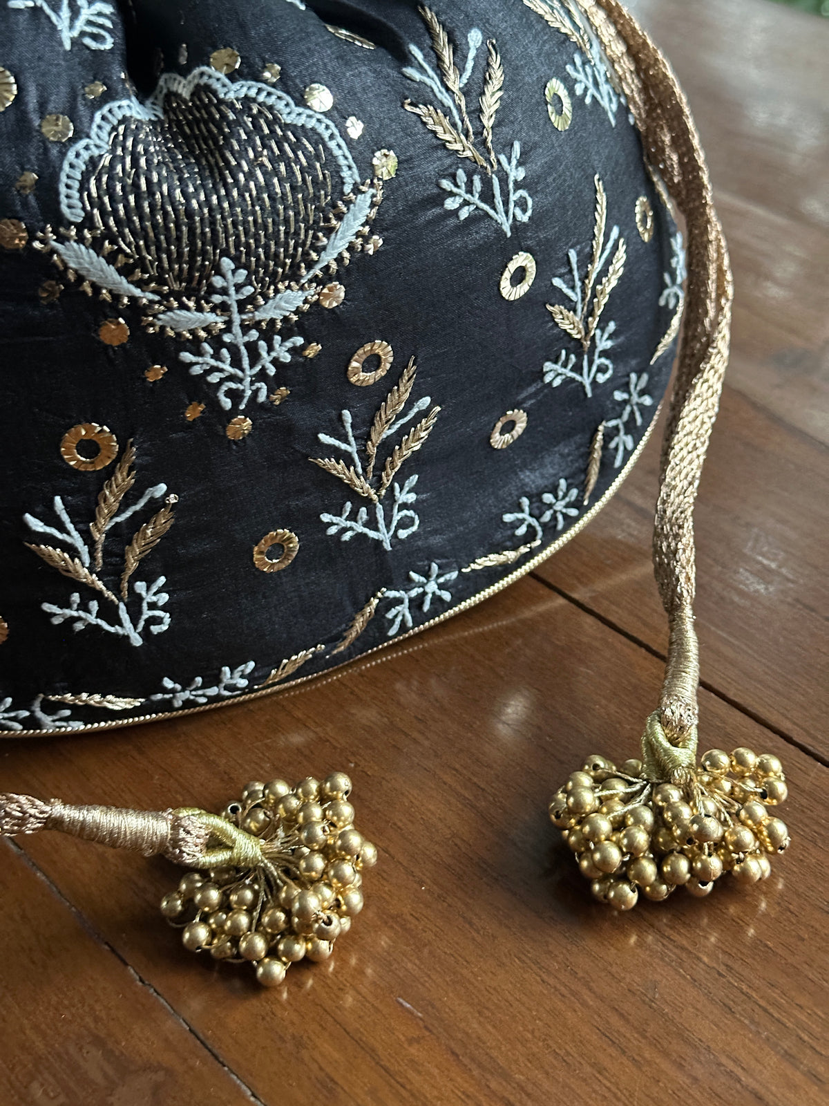 Black Silk Chikankari Ari & Kasab Work Potli Bag
