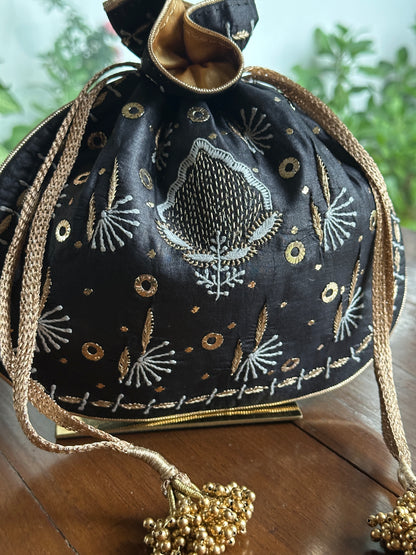 Black Silk Chikankari Ari & Kasab Work Potli Bag