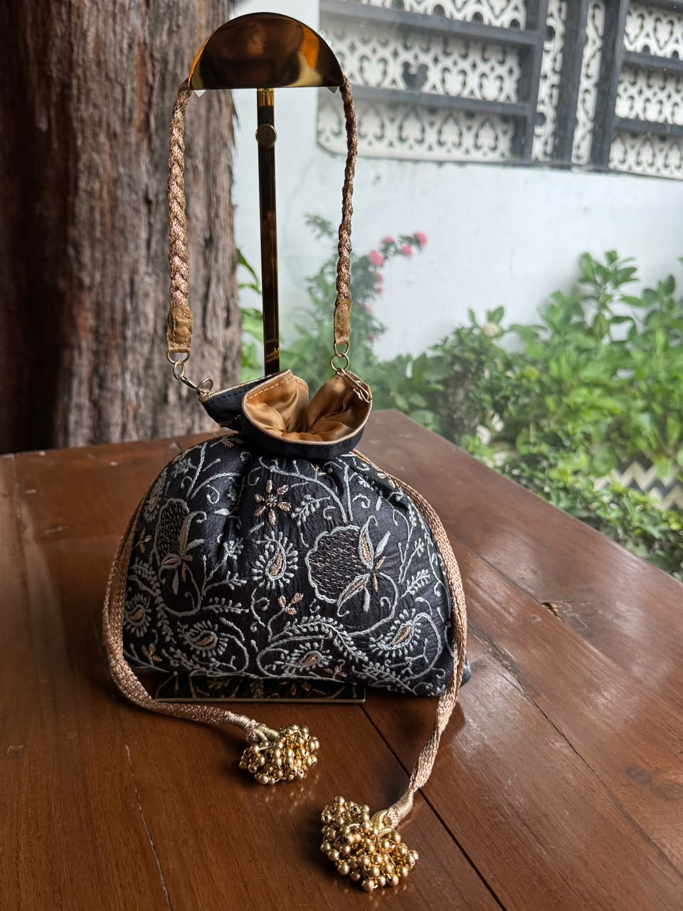 Black Silk Chikankari Ari & Kasab Work Potli Bag