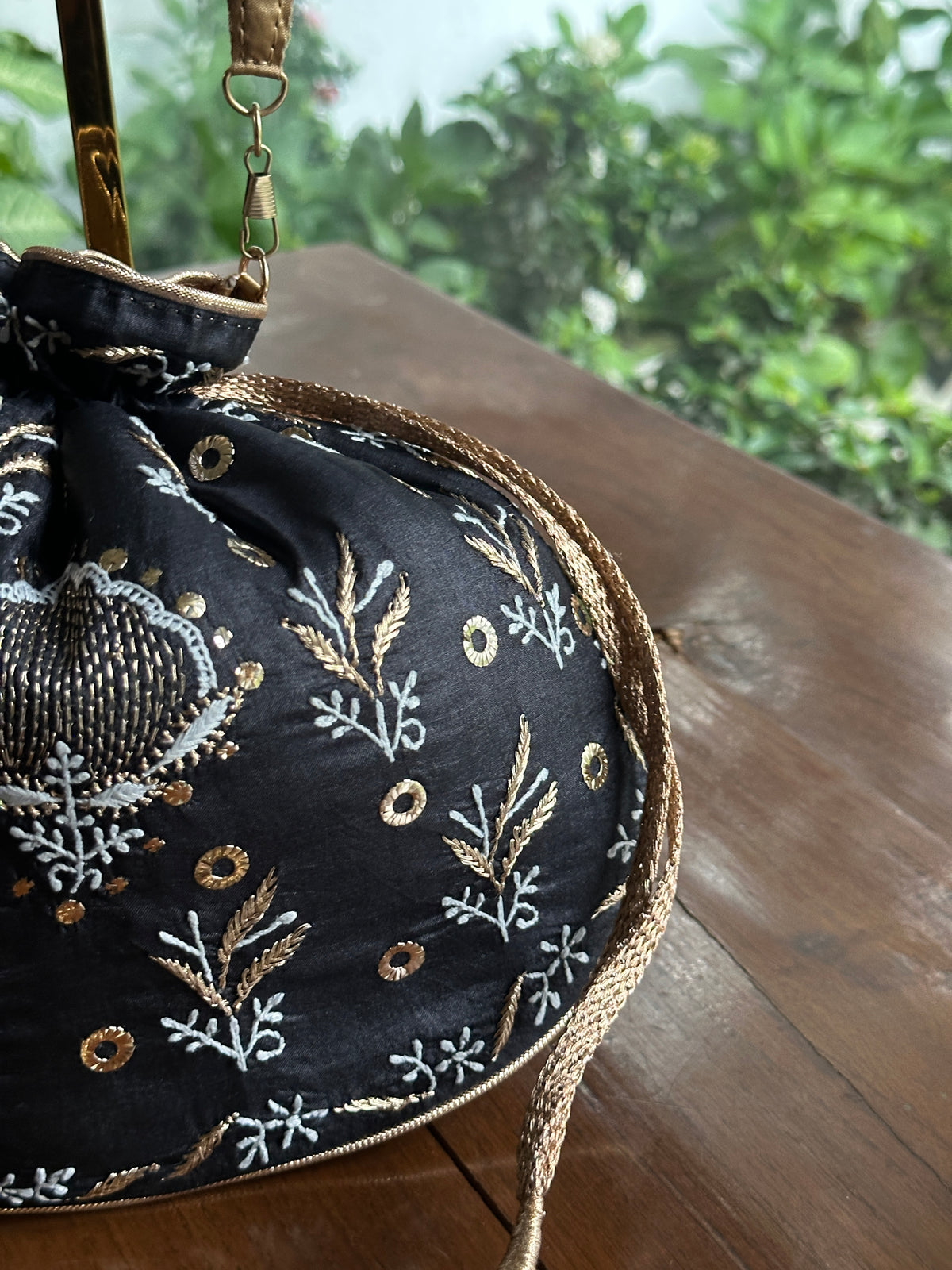 Black Silk Chikankari Ari & Kasab Work Potli Bag