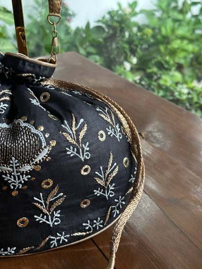 Black Silk Chikankari Ari & Kasab Work Potli Bag