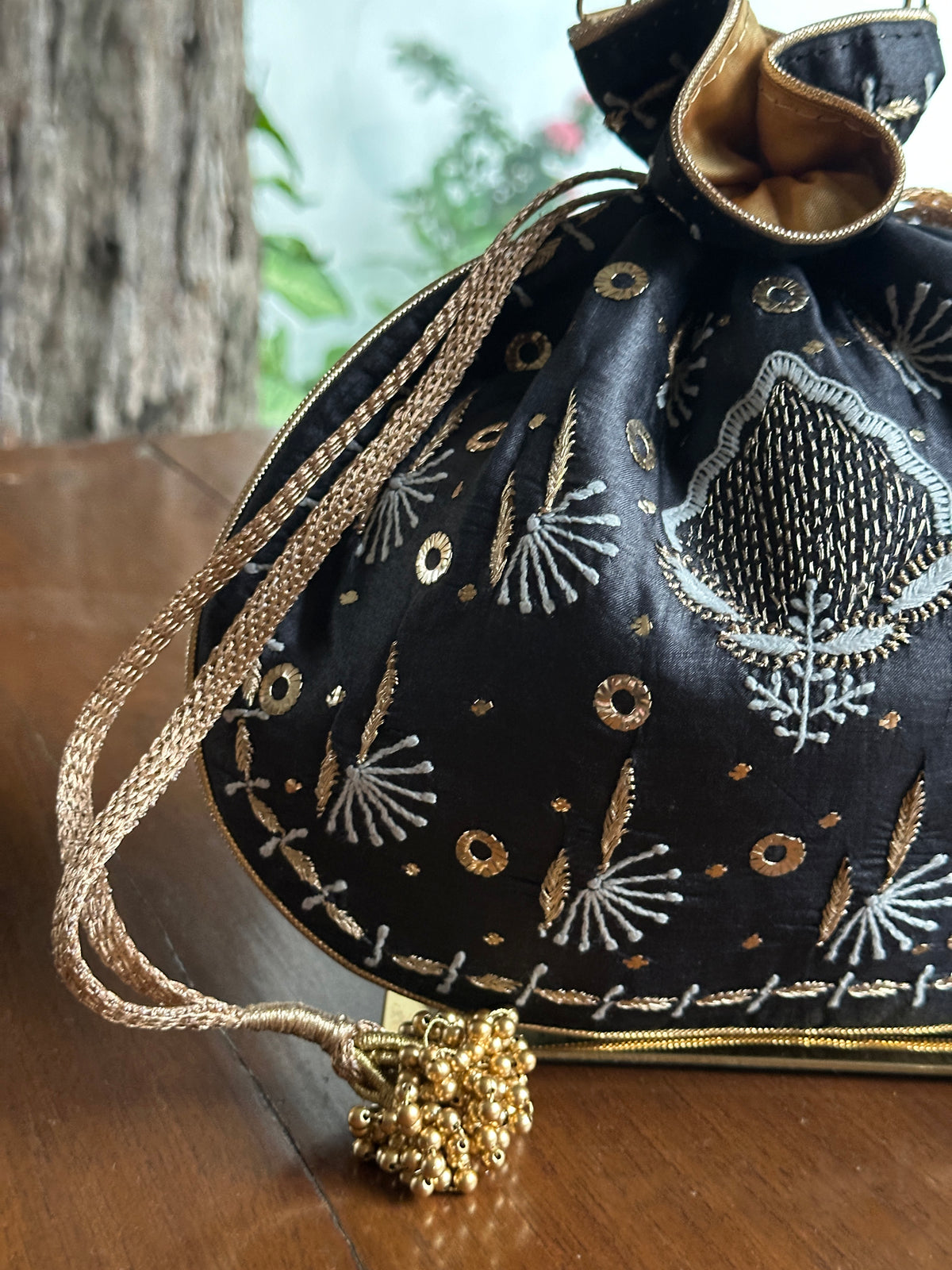 Black Silk Chikankari Ari & Kasab Work Potli Bag