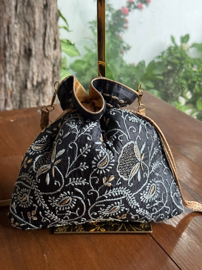 Black Silk Chikankari Ari & Kasab Work Potli Bag