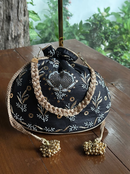 Black Silk Chikankari Ari & Kasab Work Potli Bag