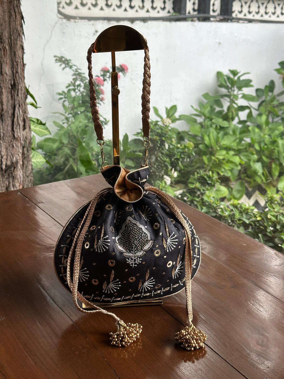 Black Silk Chikankari Ari & Kasab Work Potli Bag