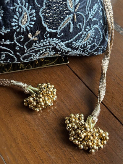 Black Silk Chikankari Ari & Kasab Work Potli Bag