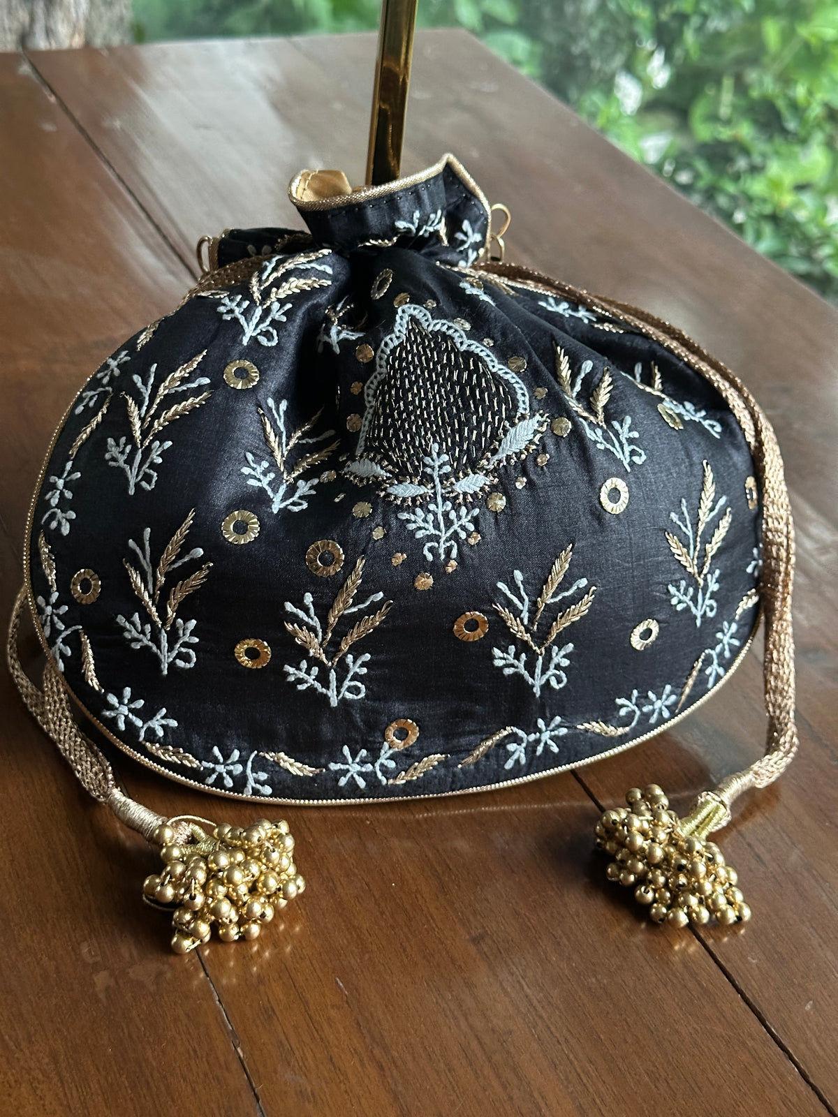 Black Silk Chikankari Ari & Kasab Work Potli Bag
