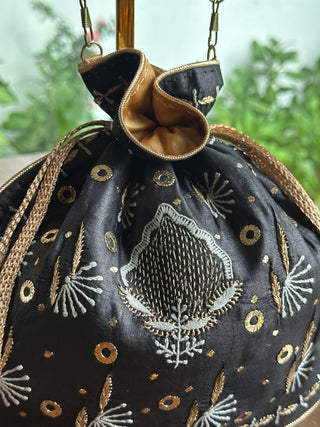 Black Silk Chikankari Ari & Kasab Work Potli Bag