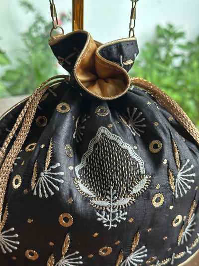 Black Silk Chikankari Ari & Kasab Work Potli Bag