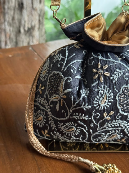 Black Silk Chikankari Ari & Kasab Work Potli Bag