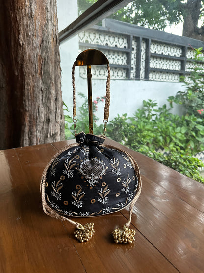 Black Silk Chikankari Ari & Kasab Work Potli Bag