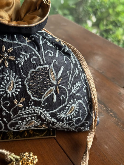 Black Silk Chikankari Ari & Kasab Work Potli Bag
