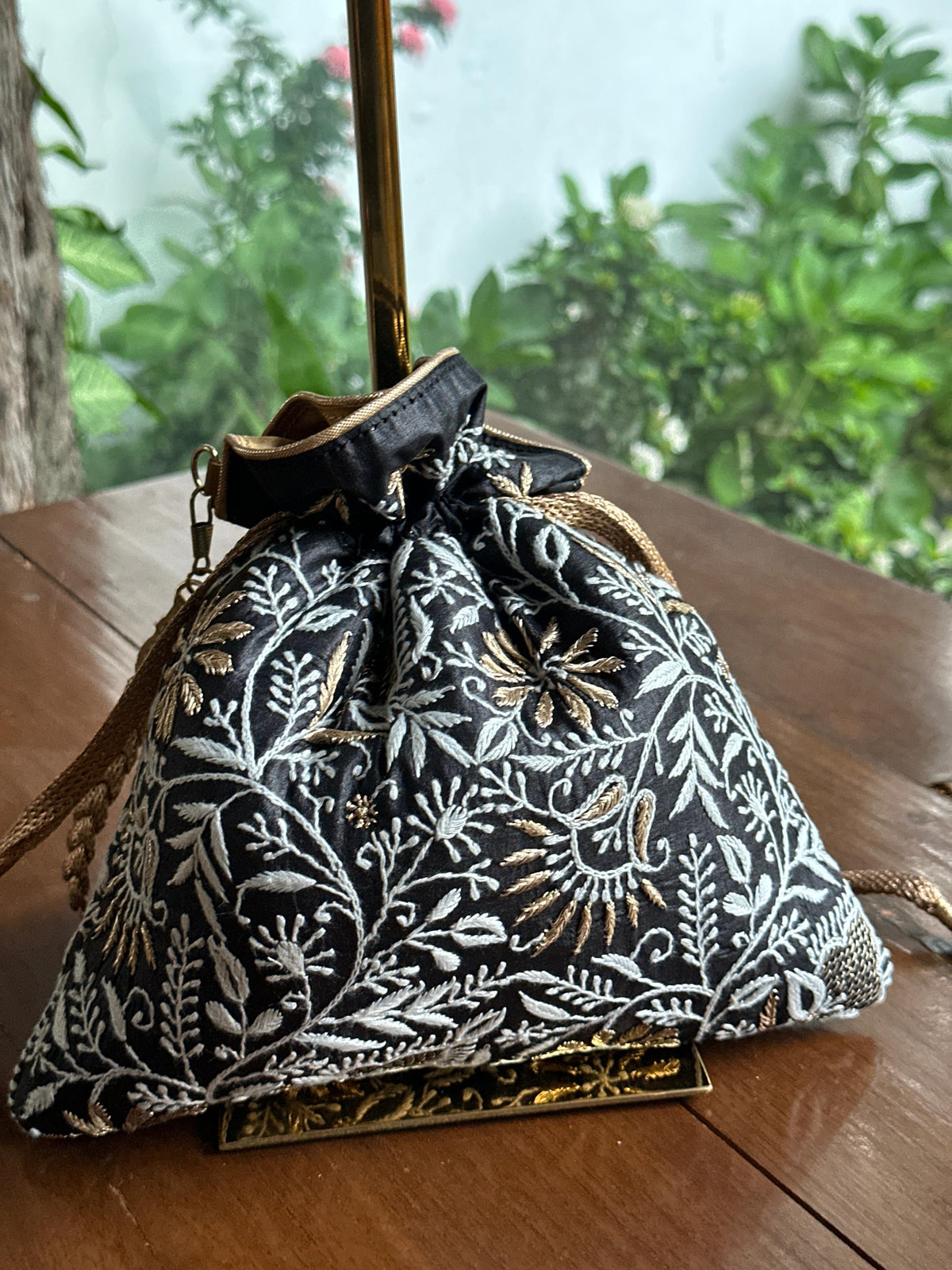 Black Tussar Silk Chikankari Ari & Kasab Work Potli Bag