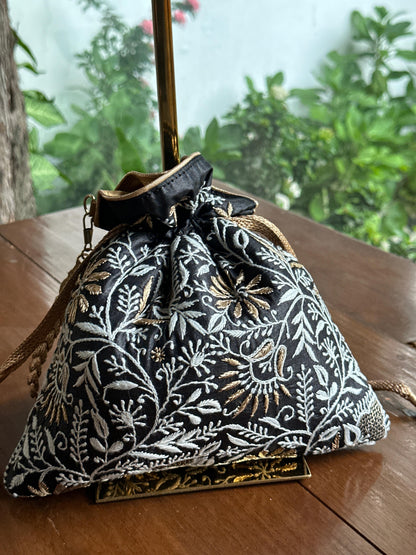 Black Tussar Silk Chikankari Ari & Kasab Work Potli Bag