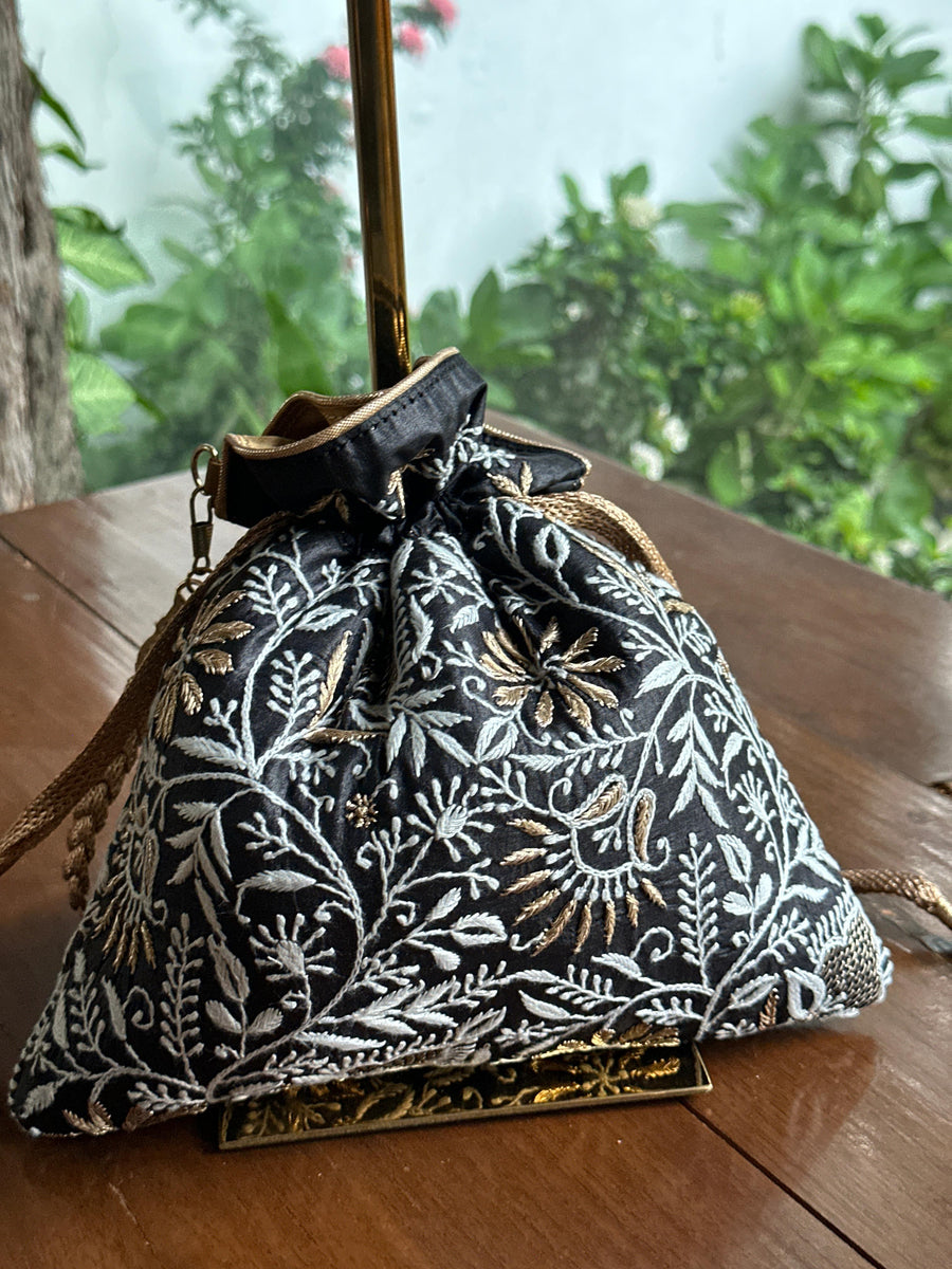 Black Tussar Silk Chikankari Ari & Kasab Work Potli Bag