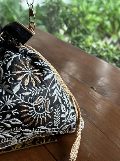 Black Tussar Silk Chikankari Ari & Kasab Work Potli Bag