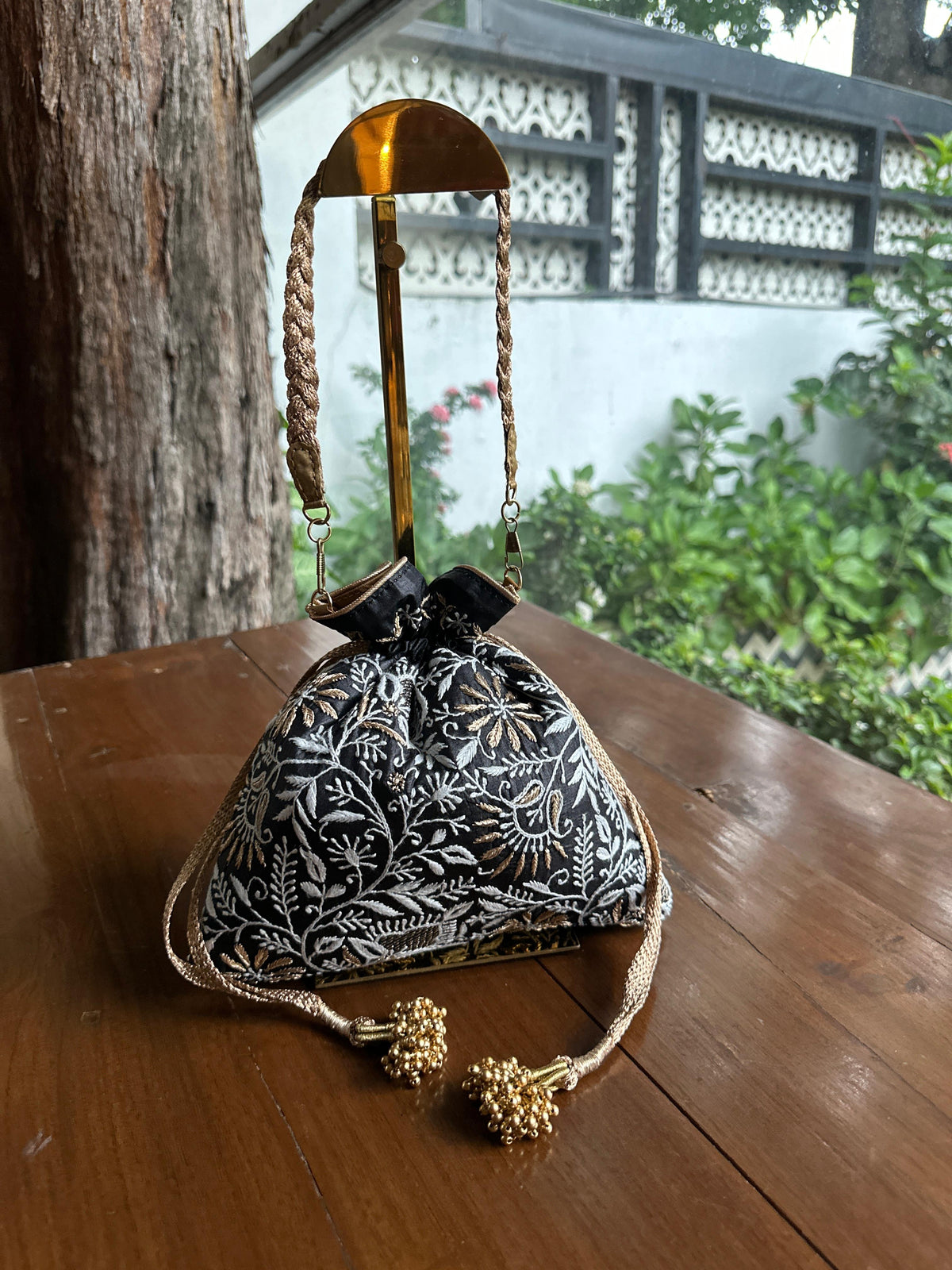 Black Tussar Silk Chikankari Ari & Kasab Work Potli Bag
