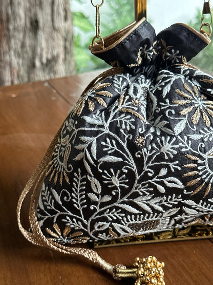 Black Tussar Silk Chikankari Ari & Kasab Work Potli Bag