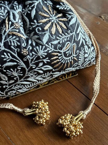 Black Tussar Silk Chikankari Ari & Kasab Work Potli Bag