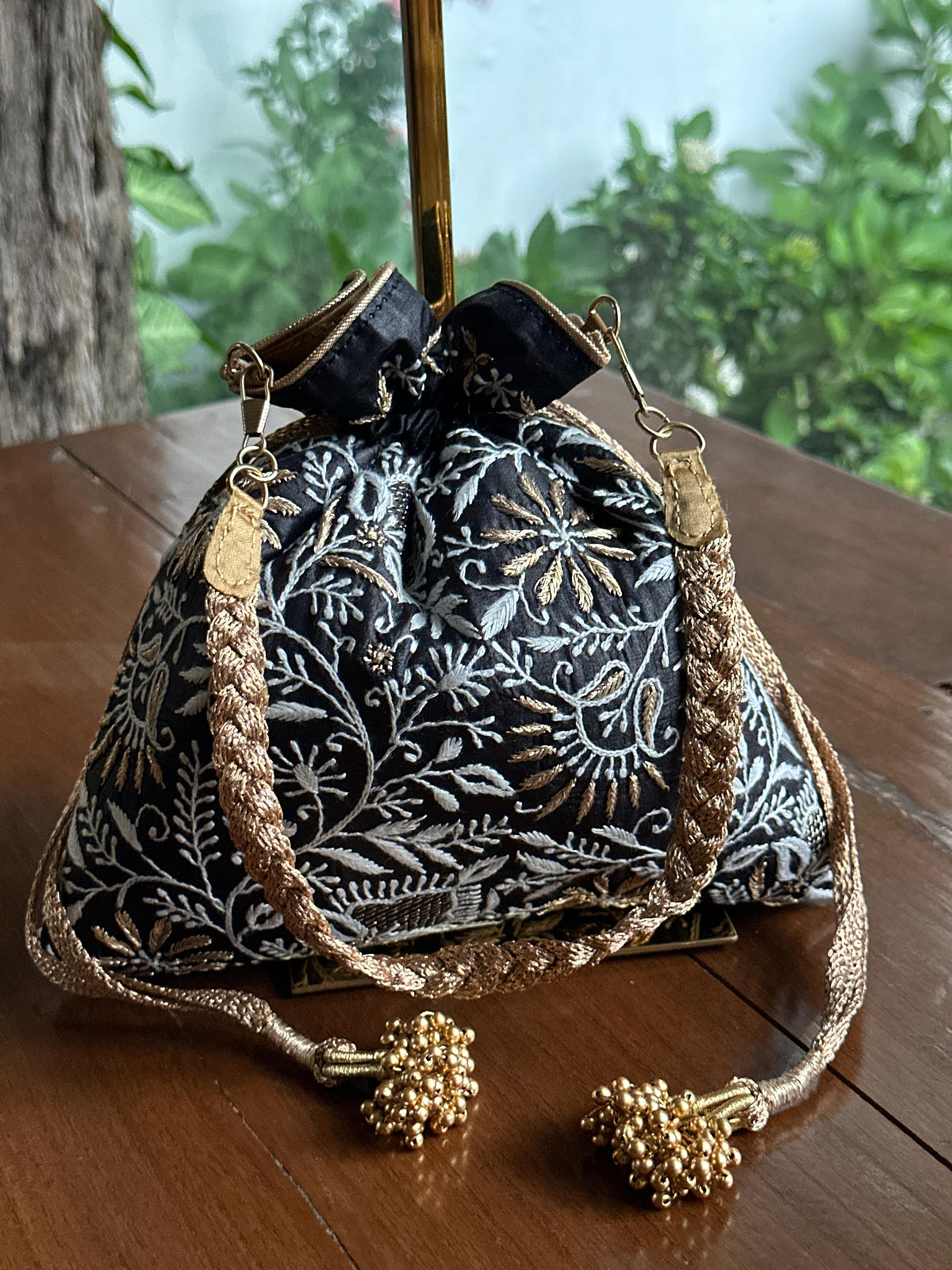 Black Tussar Silk Chikankari Ari & Kasab Work Potli Bag