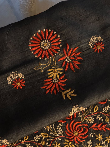 Black Tussar Silk Unstitched Kurta Dupatta Set with Multicolour Chikankari Embroidery