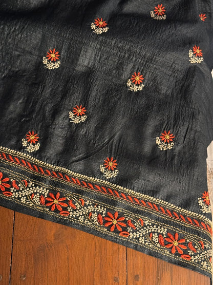 Black Tussar Silk Unstitched Kurta Dupatta Set with Multicolour Chikankari Embroidery