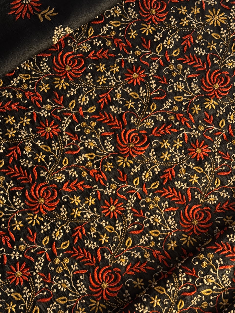 Black Tussar Silk Unstitched Kurta Dupatta Set with Multicolour Chikankari Embroidery