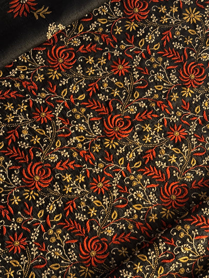Black Tussar Silk Unstitched Kurta Dupatta Set with Multicolour Chikankari Embroidery