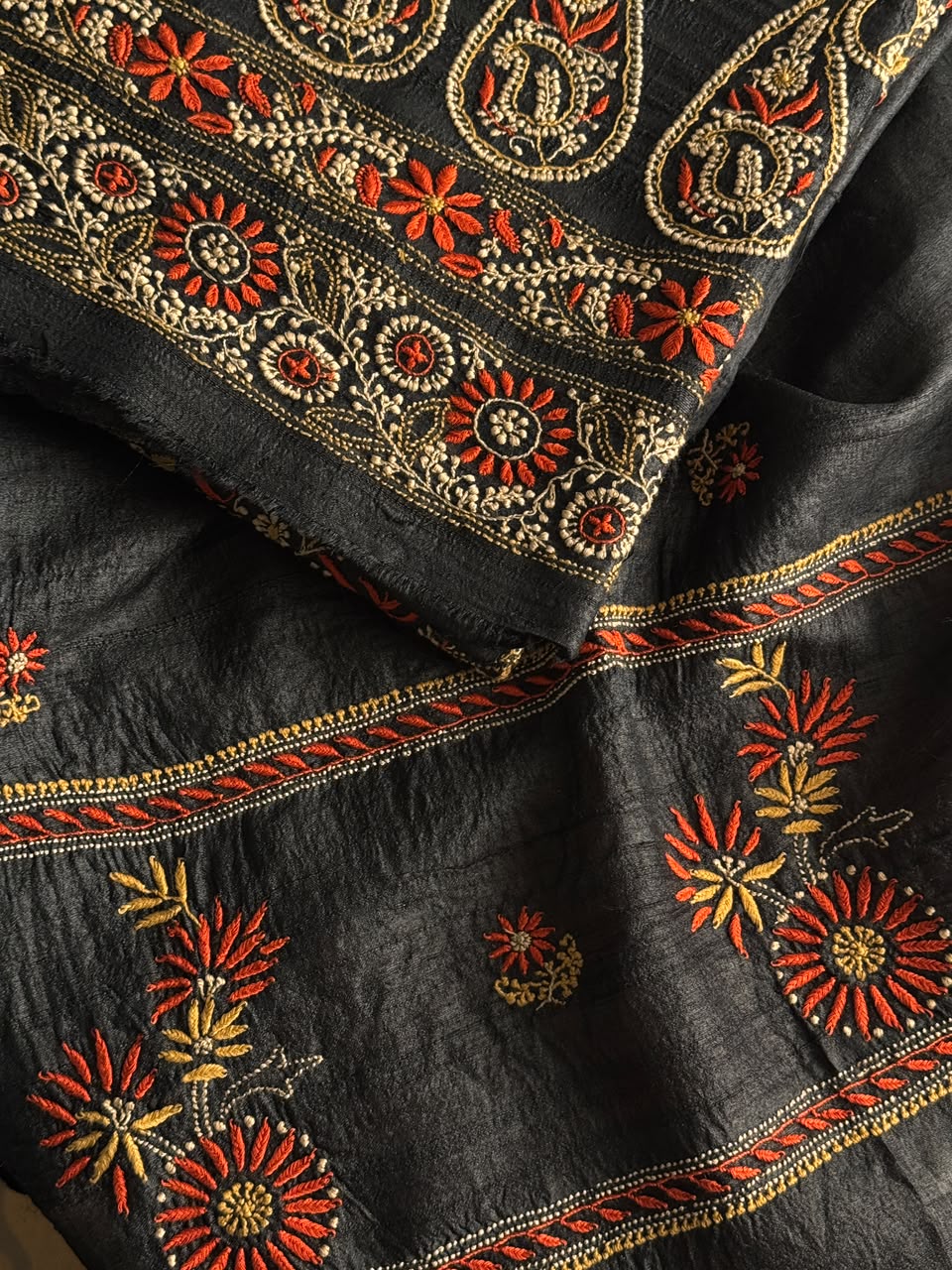 Black Tussar Silk Unstitched Kurta Dupatta Set with Multicolour Chikankari Embroidery