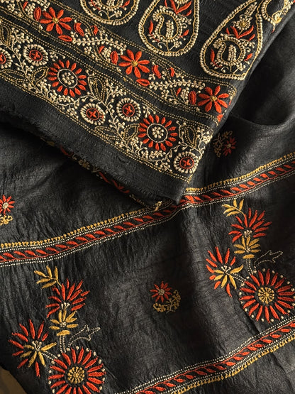 Black Tussar Silk Unstitched Kurta Dupatta Set with Multicolour Chikankari Embroidery