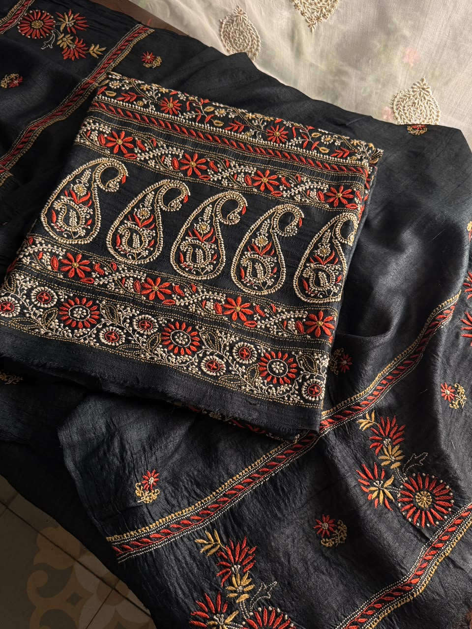 Black Tussar Silk Unstitched Kurta Dupatta Set with Multicolour Chikankari Embroidery