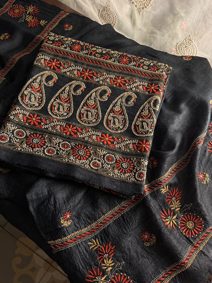 Black Tussar Silk Unstitched Kurta Dupatta Set with Multicolour Chikankari Embroidery