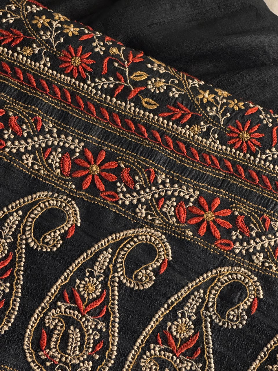 Black Tussar Silk Unstitched Kurta Dupatta Set with Multicolour Chikankari Embroidery