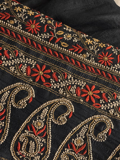 Black Tussar Silk Unstitched Kurta Dupatta Set with Multicolour Chikankari Embroidery