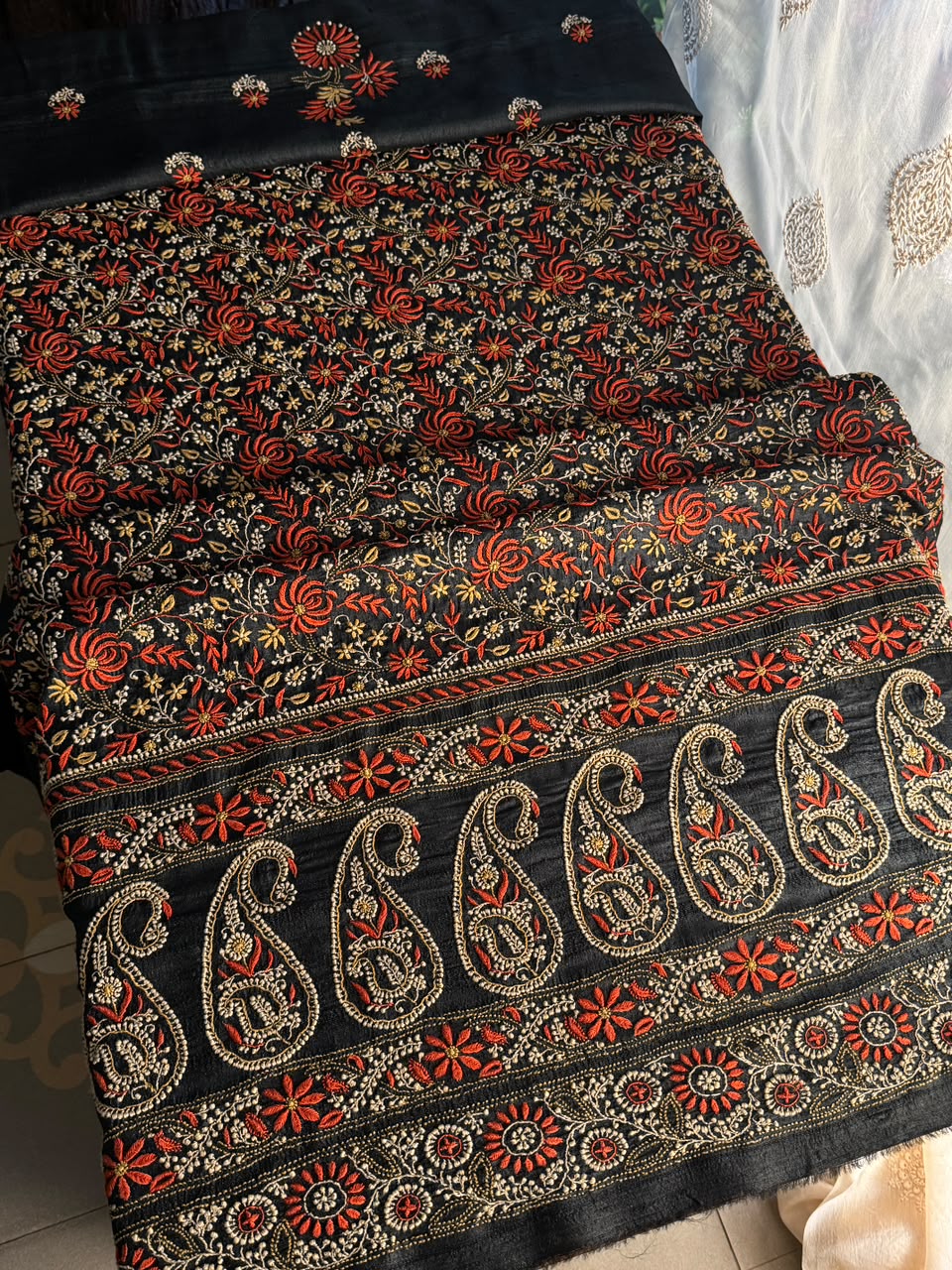 Black Tussar Silk Unstitched Kurta Dupatta Set with Multicolour Chikankari Embroidery