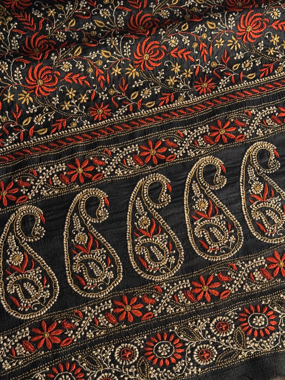 Black Tussar Silk Unstitched Kurta Dupatta Set with Multicolour Chikankari Embroidery