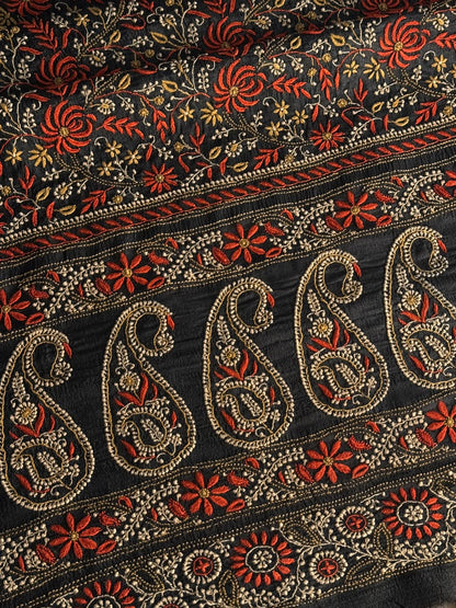 Black Tussar Silk Unstitched Kurta Dupatta Set with Multicolour Chikankari Embroidery