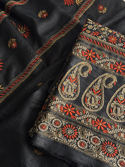Black Tussar Silk Unstitched Kurta Dupatta Set with Multicolour Chikankari Embroidery