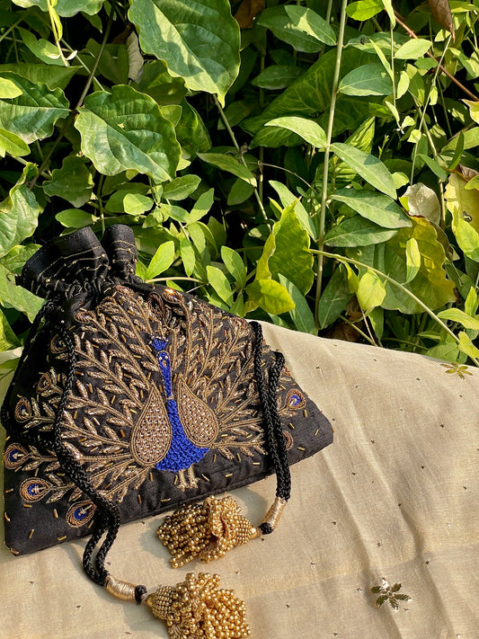 Black & Blue Peacock Motifs Raw Silk Zardosi Polti Bags