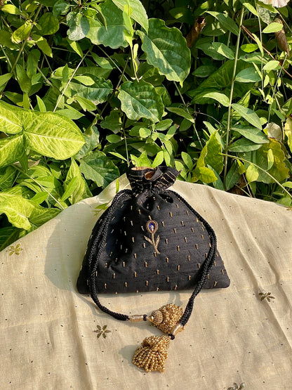 Black & Blue Peacock Motifs Raw Silk Zardosi Polti Bags